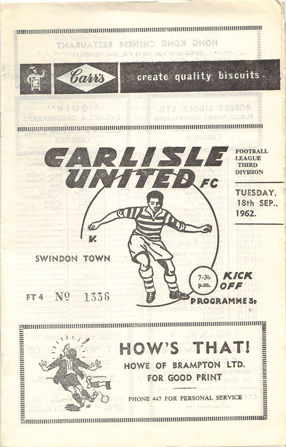 <b>Tuesday, September 18, 1962</b><br />vs. Carlisle United (Away)